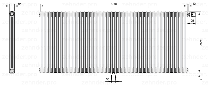 Схема (чертеж) Радиатор Zehnder Charleston 2200/38 №V008 Белый глянцевый RAL 9016